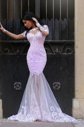 Pink Lace See Through Mermaid Long Sleeve Prom Dress, Cheap Evening Dresses, MP324